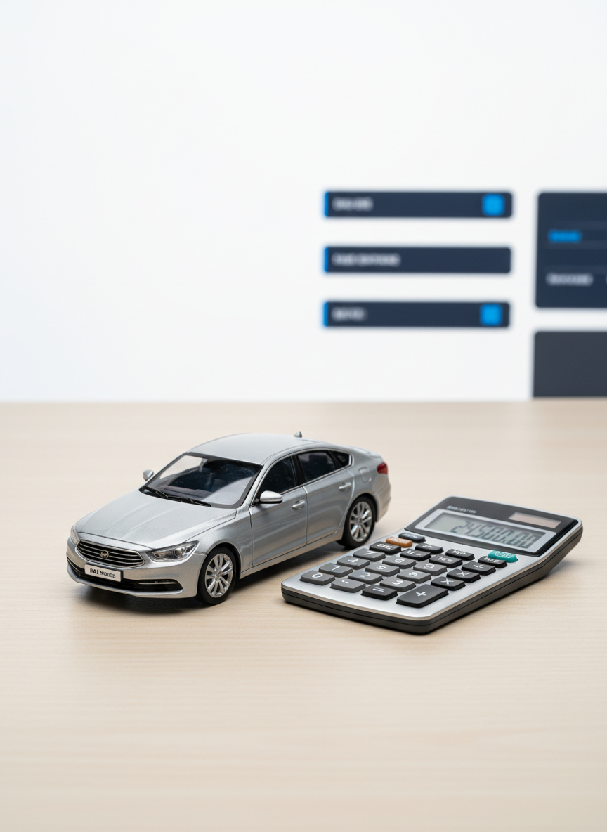 A clean, modern desk scene featuring a detailed miniature model of a contemporary Korean sedan in metallic silver, parked beside a sleek digital calculator with clearly defined buttons and a subtle metallic frame. The desk surface is a light neutral wood, set against a pure white background that evokes a web interface. Soft, diffused studio lighting from the left creates gentle shadows and crisp reflections on the car’s bodywork, emphasizing its realistic curves and headlights. In the blurred background, abstract navy and charcoal rectangular shapes suggest organized dashboard panels, with small blue accent elements hinting at interactive buttons. Photographic realism, shot from a slightly elevated angle using rule-of-thirds composition, with sharp focus on the car and calculator, conveying trust, clarity, and professional financial planning for car ownership in Korea.